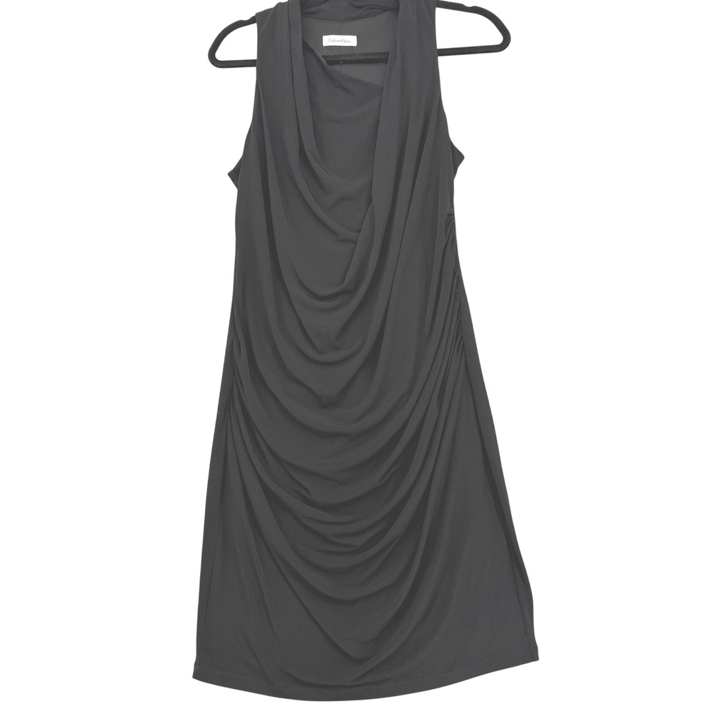 Calvin Klein Cowl Neck Ruched Sleeveless Sheath Dress Black Lined Cocktail LBD‎